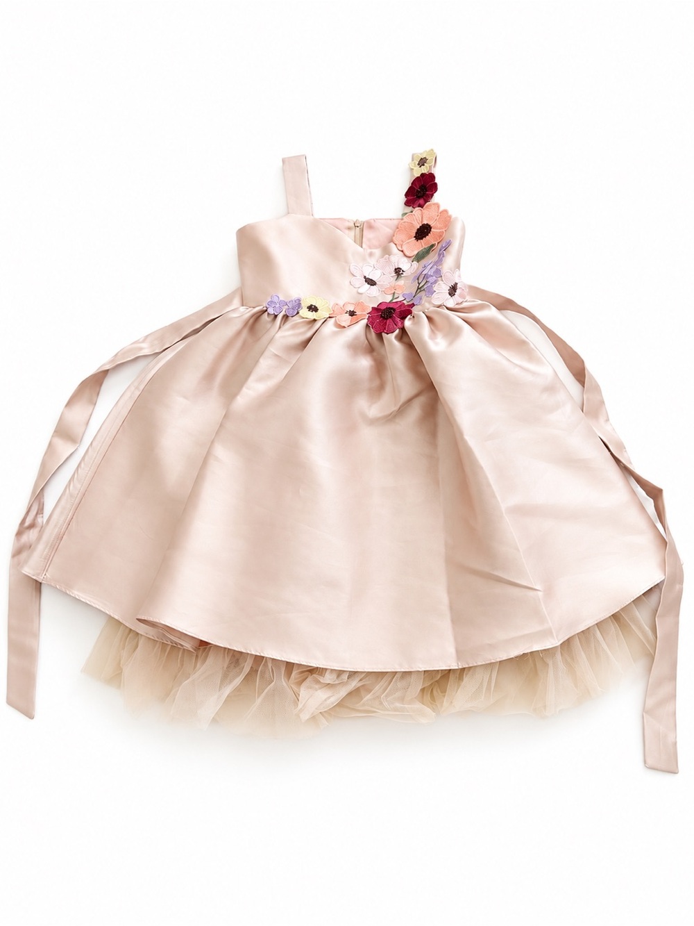 Bonnie Jean Blush Pink Satin Dress with Floral Appliqué